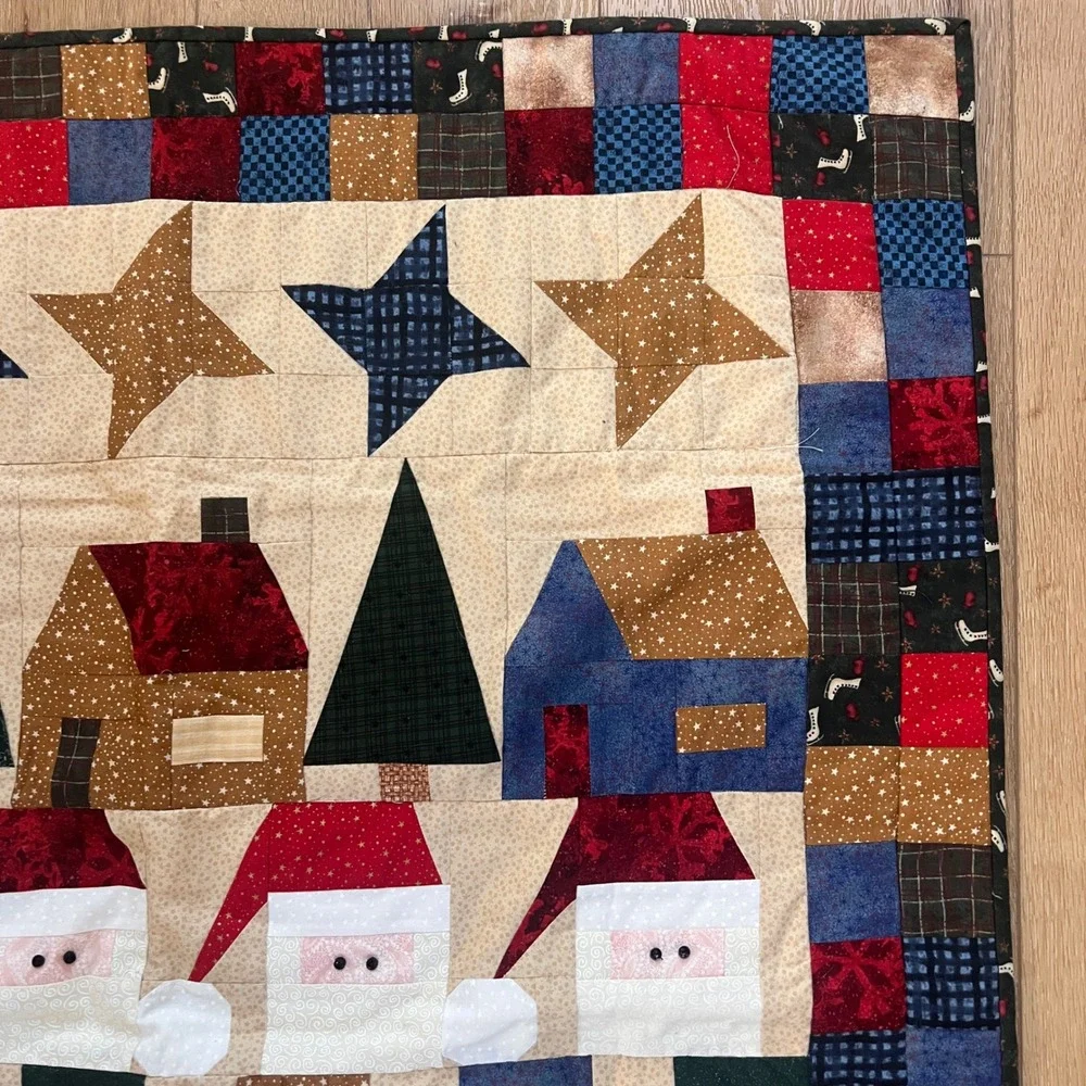 Handmade Christmas Patchwork Quilt Santa Gingerbread Wall Hanging Primitive